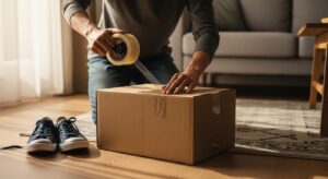 택배 상자와 반품 신청서가 놓인 책상 위 모습, 반품 절차 안내 관련 이미지